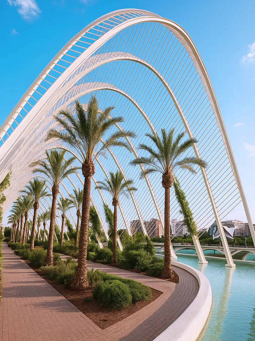 A modern architectural structure with curved arches and palm trees along a walkway, showcasing the scenic backdrop for Sephora Summer Vibes 2025 in Valencia.