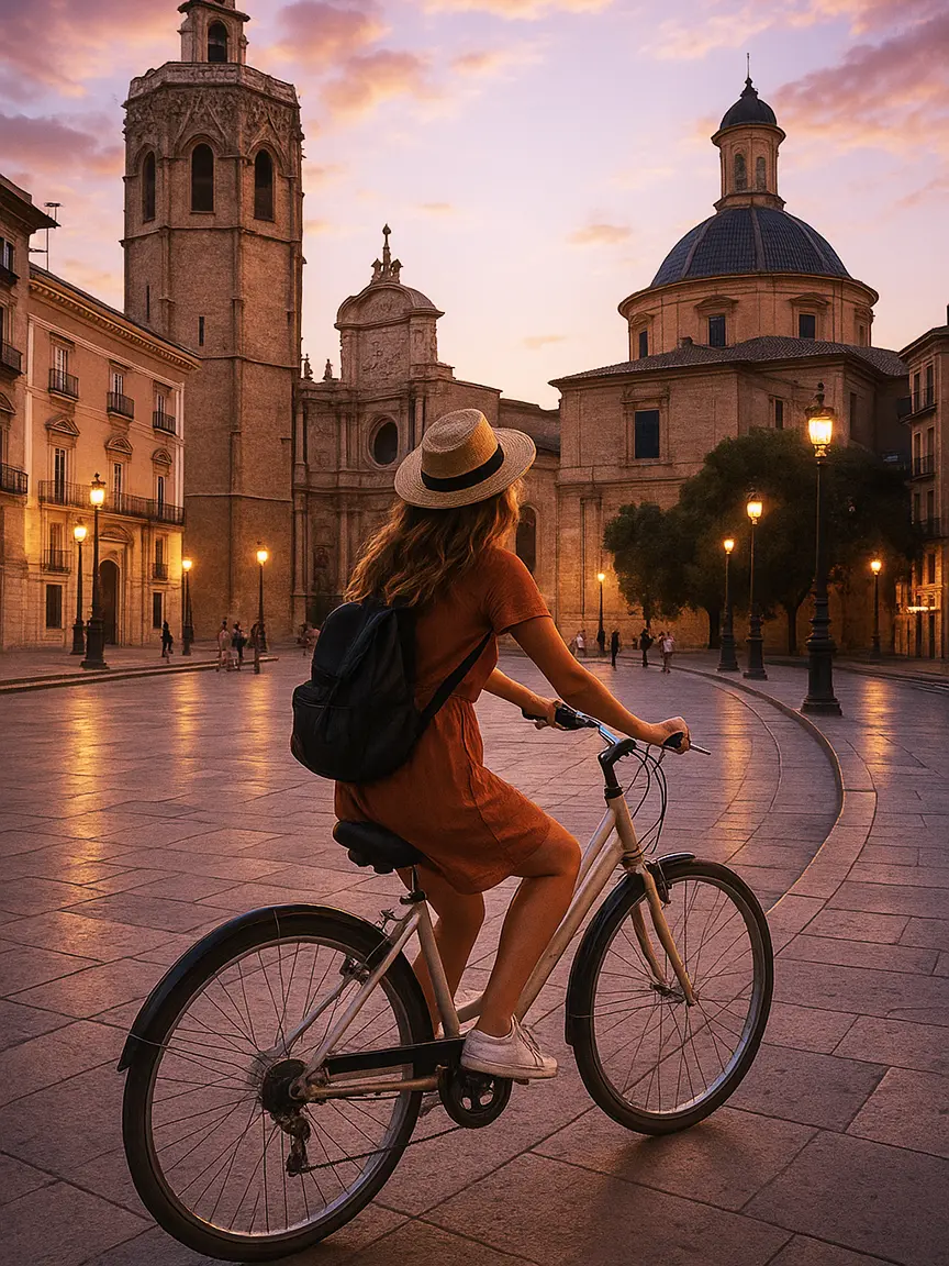 A person cycling through a picturesque square with historic towers and string lights at dusk, capturing the essence of Sephora Summer Vibes 2025 in Valencia.