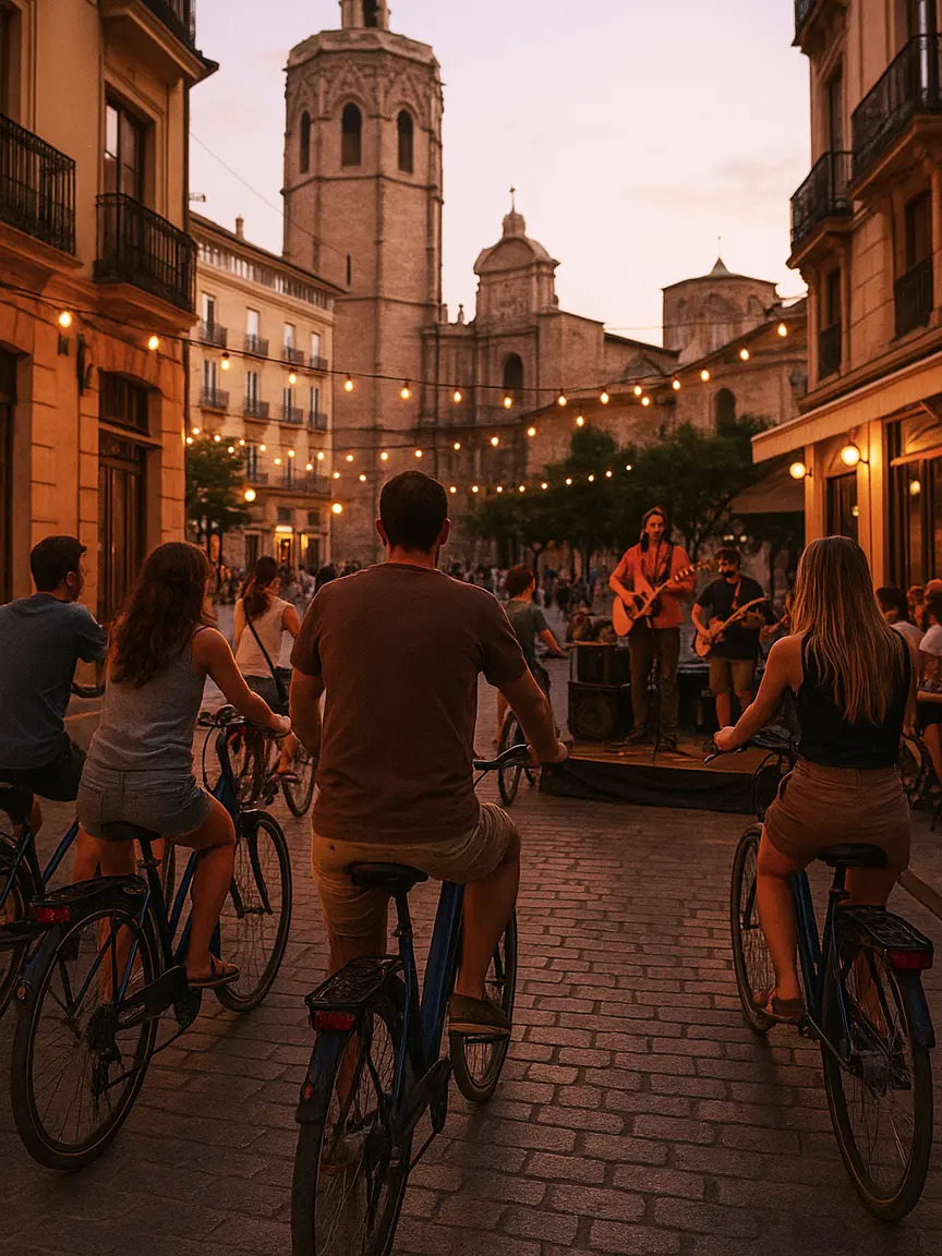 A group of people cycling past a live music performance in a historic square with illuminated buildings, part of Sephora Summer Vibes 2025 in Valencia.