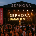 A large crowd enjoying a vibrant concert under a stage banner reading "SEPHORA SUMMER VIBES," with palm trees and string lights, part of Sephora Summer Vibes 2025 in Valencia.