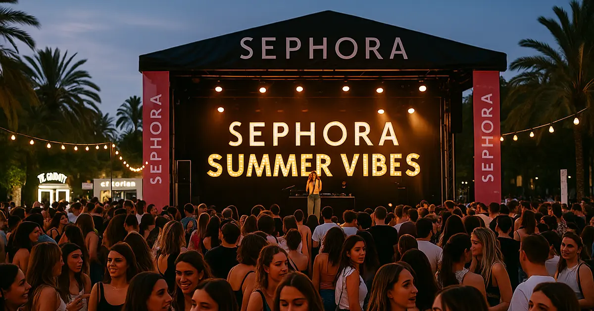 A large crowd enjoying a vibrant concert under a stage banner reading "SEPHORA SUMMER VIBES," with palm trees and string lights, part of Sephora Summer Vibes 2025 in Valencia.