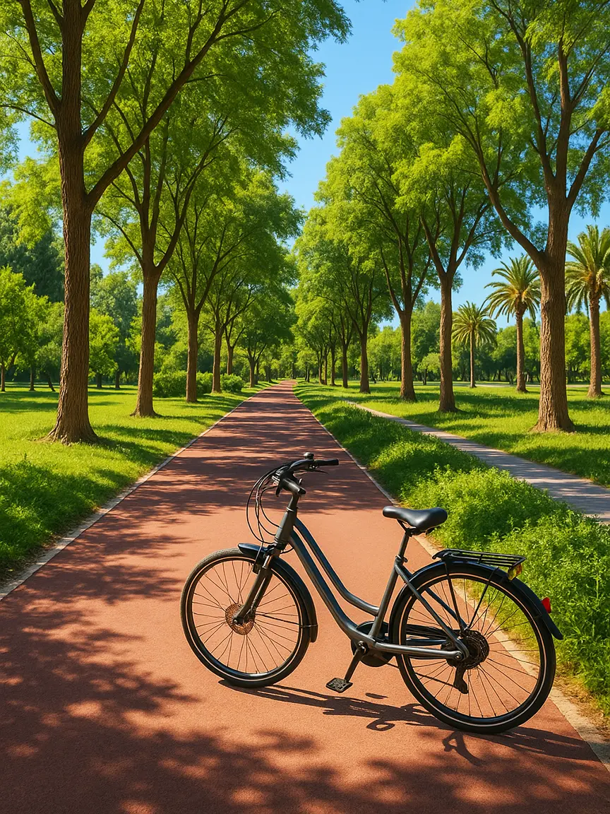 A black bicycle stands on a red-tiled bike path in a tree-lined park, with tall trees and green grass on either side under a bright blue sky with palm trees in the distance | Top 10 Bike Routes in Valencia