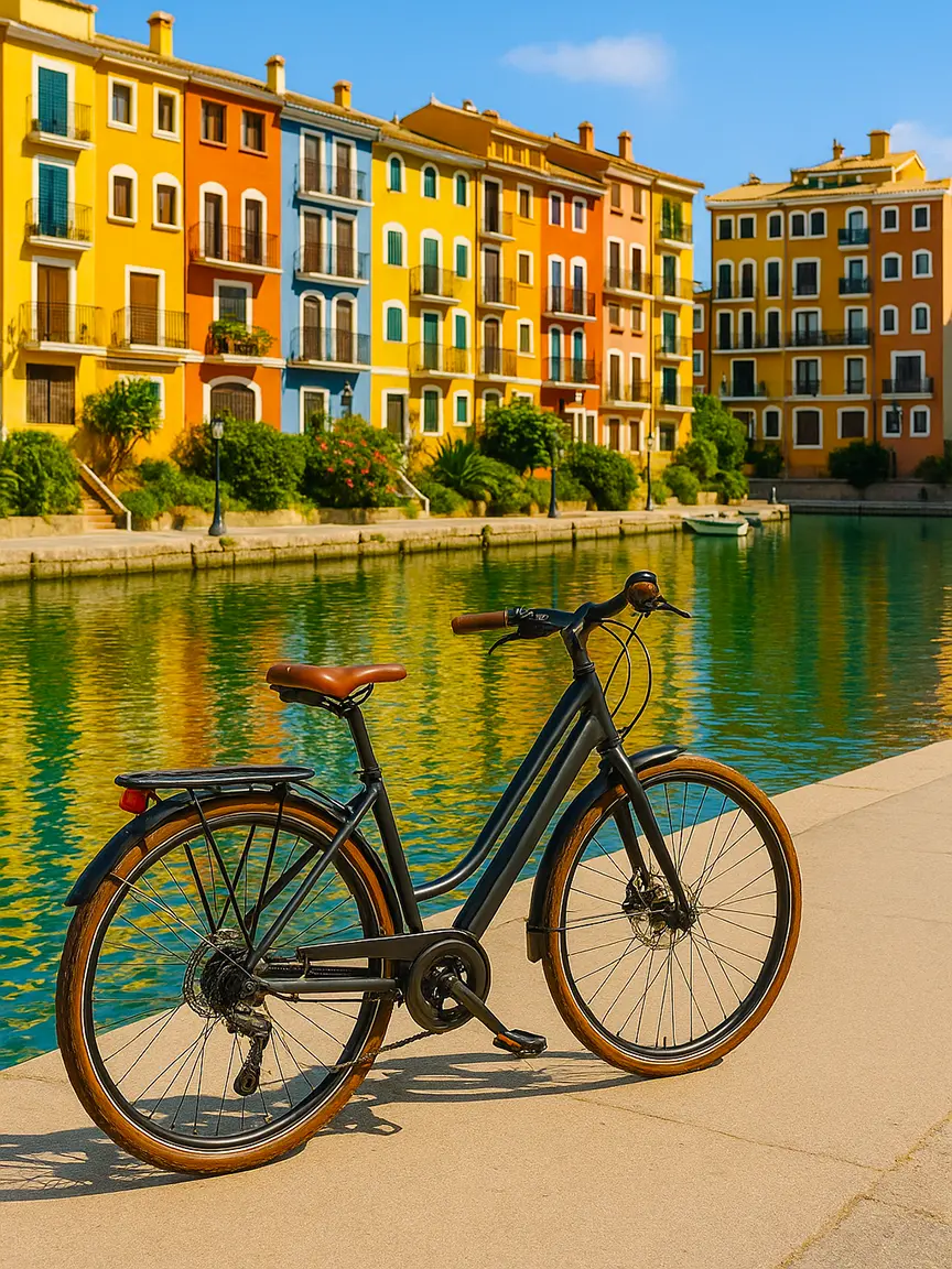 A black bicycle with brown tires is parked on a paved path by a reflective river, with colorful buildings in shades of yellow, orange, and blue lining the waterfront under a sunny sky | Top 10 Bike Routes in Valencia