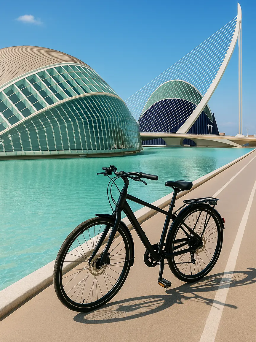 A black bicycle with a rear rack stands on a paved path beside a turquoise pool, with the futuristic City of Arts and Sciences buildings and a cable-stayed bridge in the background under a clear blue sky | Top 10 Bike Routes in Valencia
