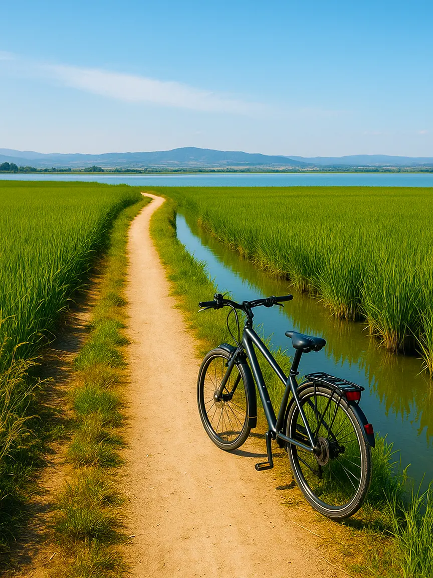 A silver bicycle with a rear rack stands on a dirt path beside a narrow canal, surrounded by tall green grass and a large lake under a clear blue sky with distant mountains | Top 10 Bike Routes in Valencia