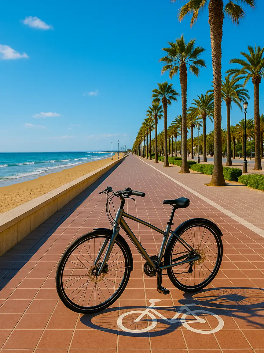 A silver bicycle rests on a red-tiled bike path along a sandy beach with waves crashing in, lined with tall palm trees under a bright blue sky | Top 10 Bike Routes in Valencia