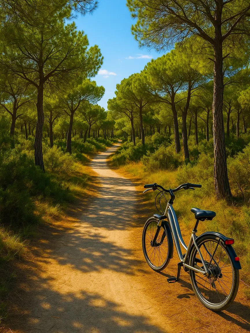 A gray bicycle with a rear rack rests on a dirt path in a pine forest, with tall trees casting shadows on the trail under a clear blue sky | Top 10 Bike Routes in Valencia