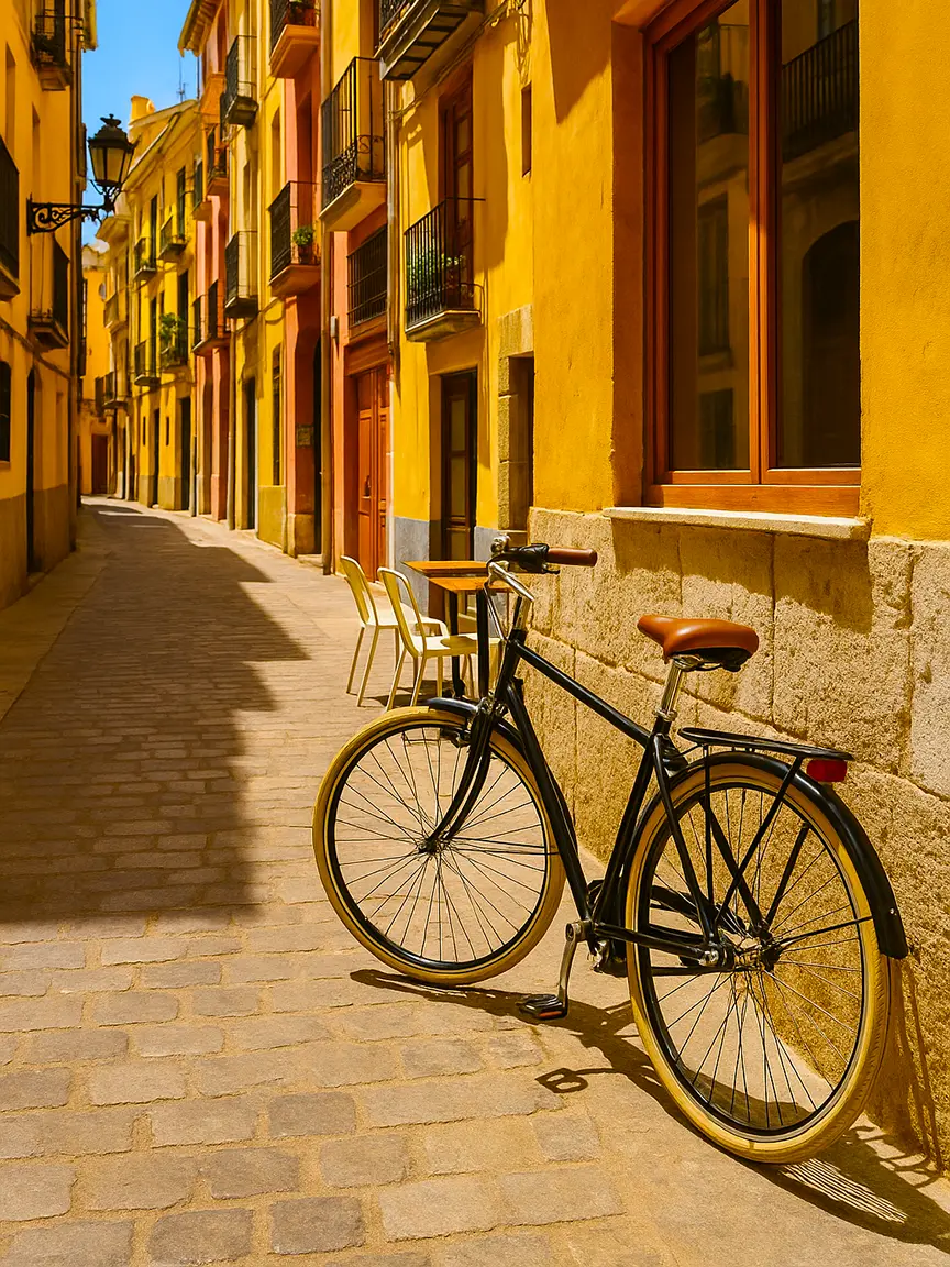 A black bicycle with brown tires leans against a yellow building on a cobblestone street, with colorful buildings in shades of orange and blue lining the narrow alley under a sunny sky | Top 10 Bike Routes in Valencia