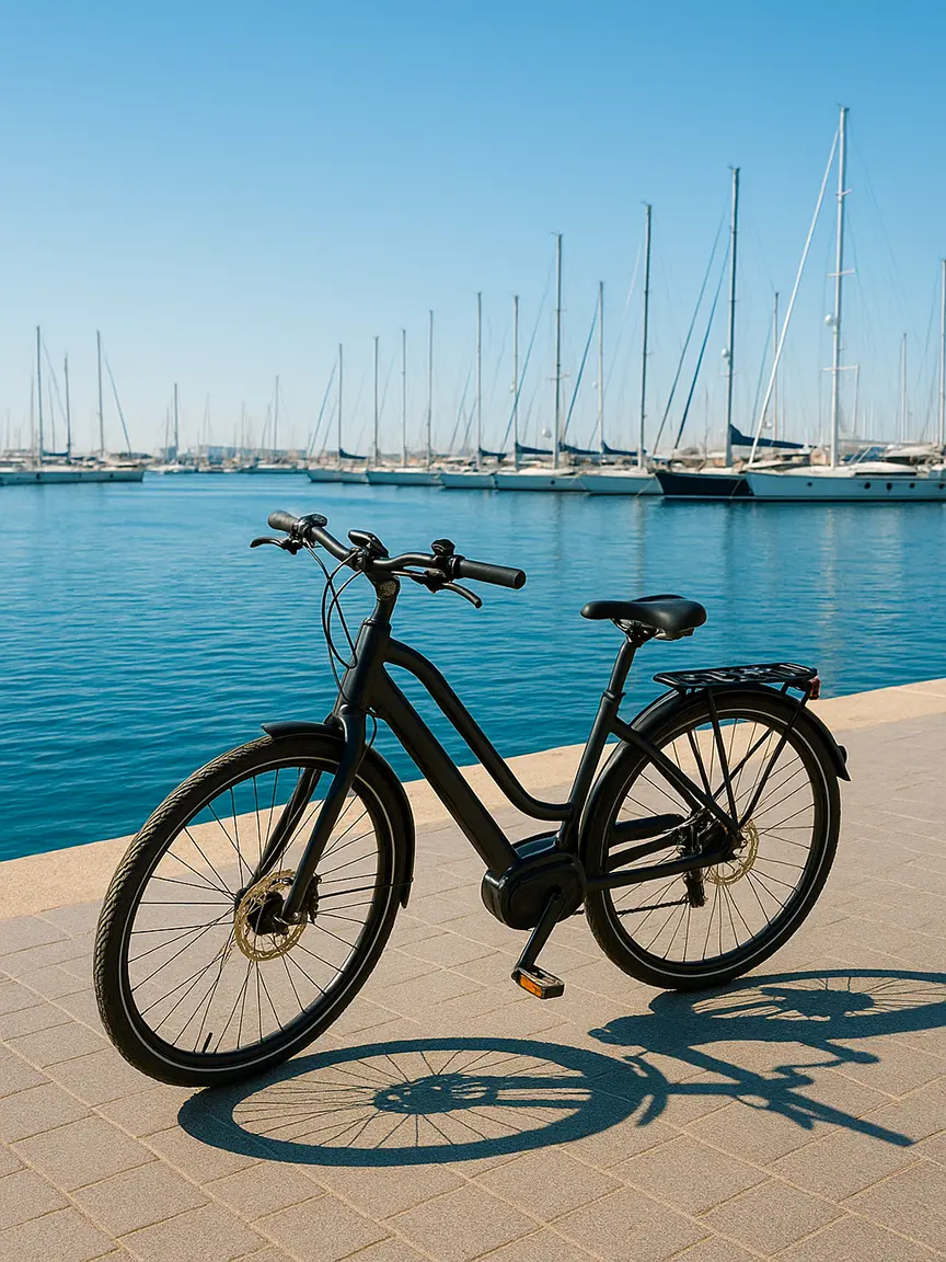 A gray bicycle with a rear rack stands on a paved path next to a marina filled with sailboats, under a clear blue sky with calm waters reflecting the boats | Top 10 Bike Routes in Valencia