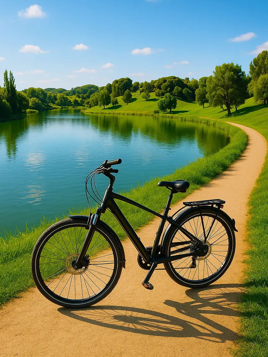 A black bicycle is positioned on a dirt path beside a calm lake, surrounded by lush green grass and trees under a bright blue sky with distant hills | Top 10 Bike Routes in Valencia