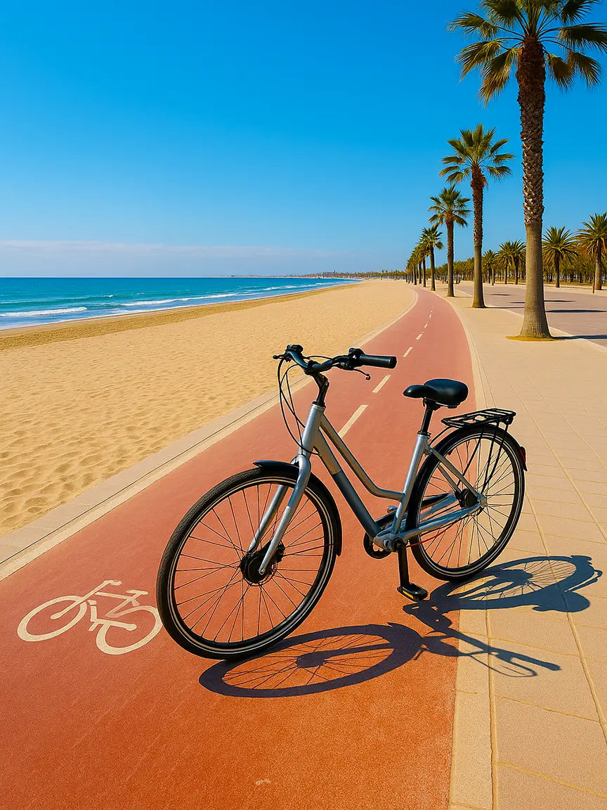 A gray bicycle is parked on a red-tiled bike path along a sandy beach with waves, lined with tall palm trees under a bright blue sky | Top 10 Bike Routes in Valencia
