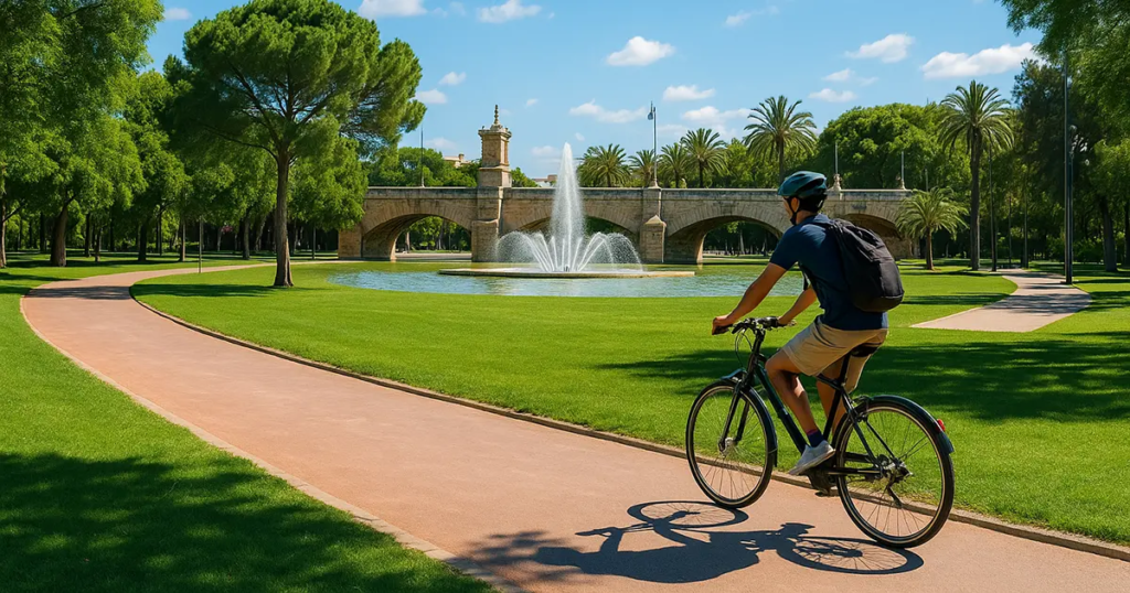 A cyclist in a blue shirt and helmet rides a black bicycle on a red-tiled bike path in a lush park, with a stone bridge and a fountain spraying water in the background, surrounded by green grass, palm trees, and pine trees under a clear blue sky | Top 10 Bike Routes in Valencia