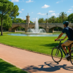 A cyclist in a blue shirt and helmet rides a black bicycle on a red-tiled bike path in a lush park, with a stone bridge and a fountain spraying water in the background, surrounded by green grass, palm trees, and pine trees under a clear blue sky | Top 10 Bike Routes in Valencia