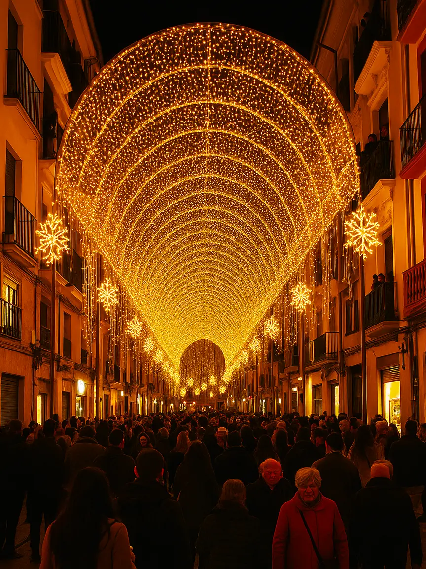 Spectacular tunnel of golden Christmas lights and hanging snowflakes over a crowded pedestrian street during Christmas Events in Valencia.