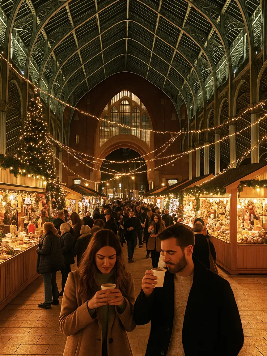 Romantic couple sipping hot drinks under fairy lights at a cozy indoor Christmas market with wooden stalls and decorated trees during Christmas Events in Valencia.