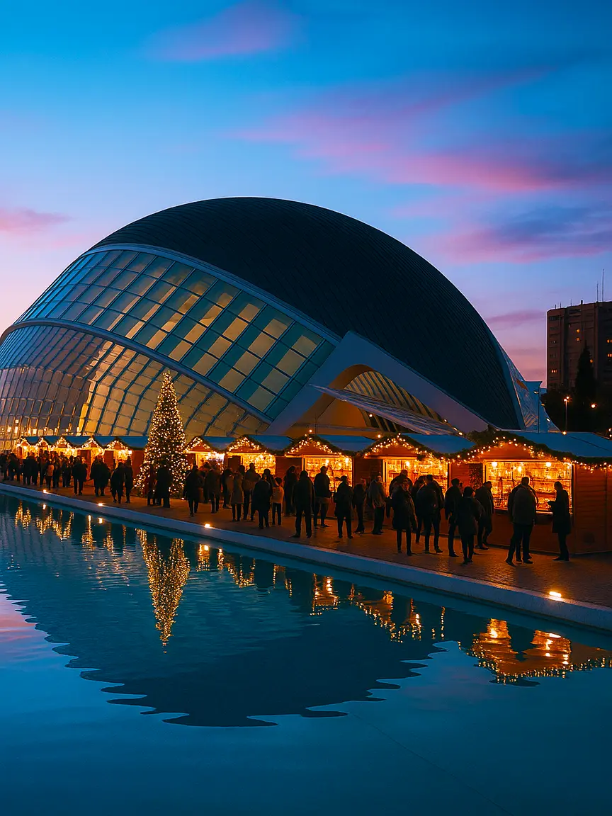Crowds enjoying Christmas market stalls with twinkling lights in front of the futuristic Hemisfèric building at the City of Arts and Sciences during Christmas Events in Valencia.