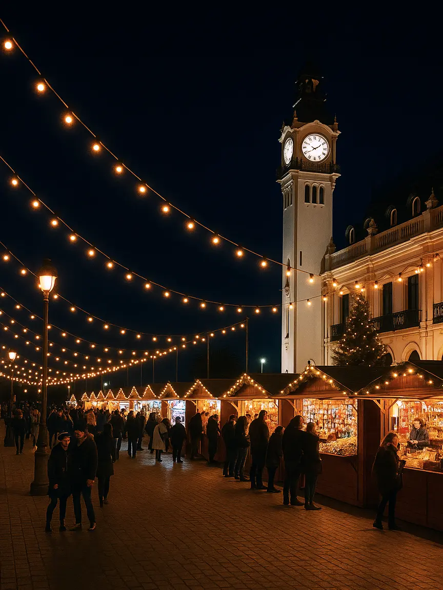 Festive Christmas market at night with glowing wooden chalets and a historic clock tower illuminated during Christmas Events in Valencia