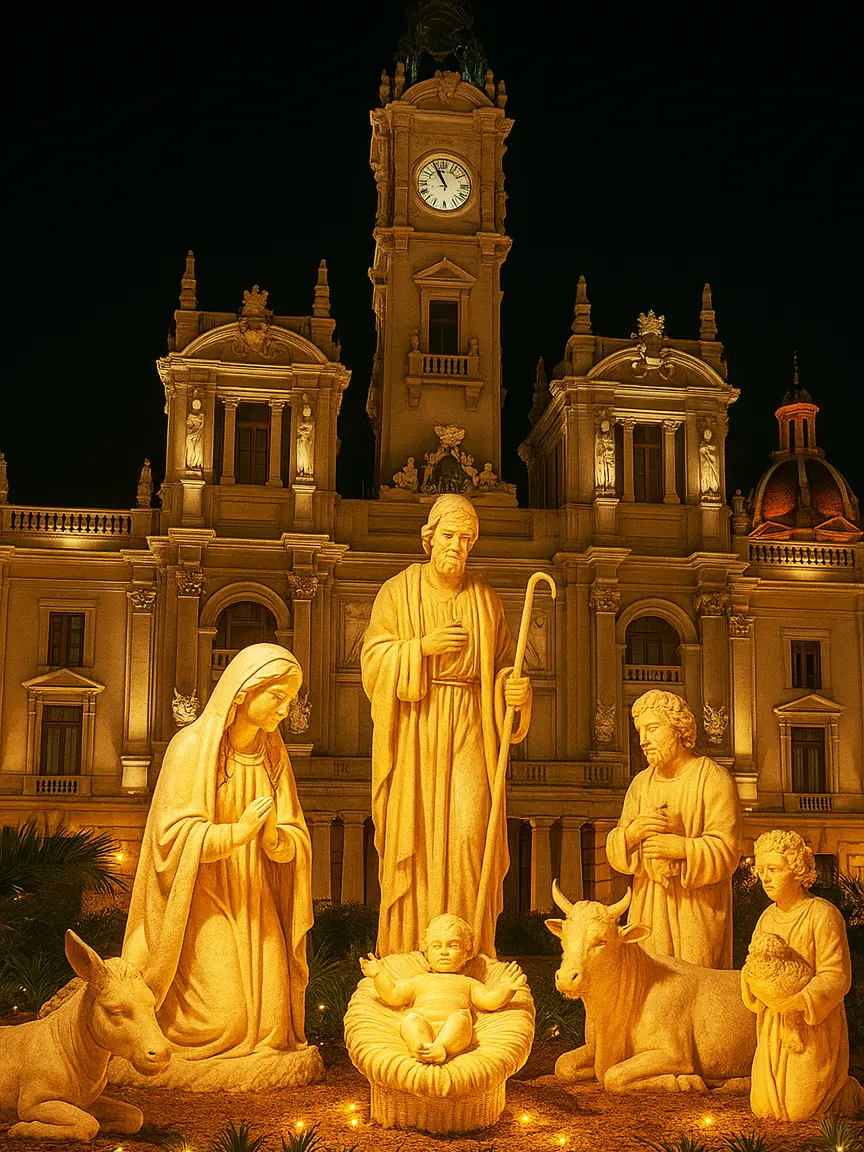 Giant illuminated nativity scene with Mary, Joseph, and baby Jesus displayed in front of Valencia’s grand City Hall during Christmas Events in Valencia.