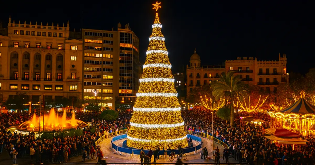 Massive golden spiral Christmas tree glowing brightly in Plaza del Ayuntamiento surrounded by crowds and a carousel at Christmas Events in Valencia.