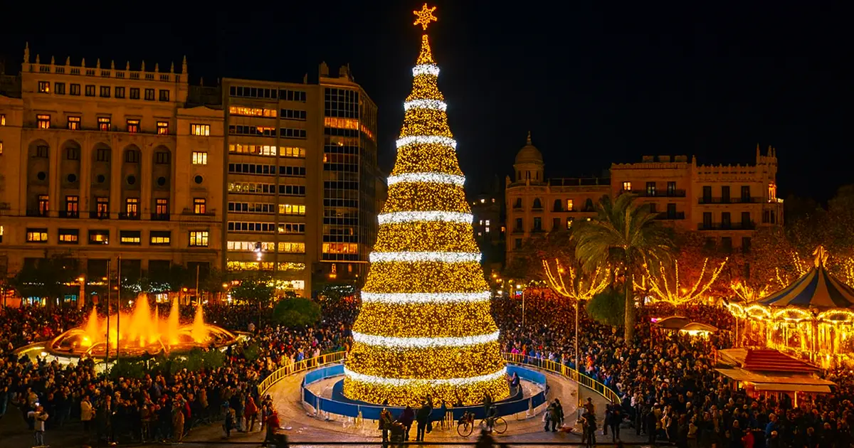 Massive golden spiral Christmas tree glowing brightly in Plaza del Ayuntamiento surrounded by crowds and a carousel at Christmas Events in Valencia.