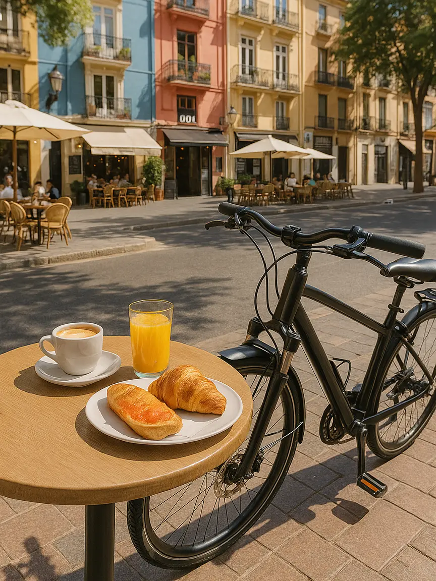 A bike leans against a café table in Valencia’s vibrant Ciutat Vella, with a coffee, orange juice, and croissants, highlighting things to do in Valencia in one day by bike.