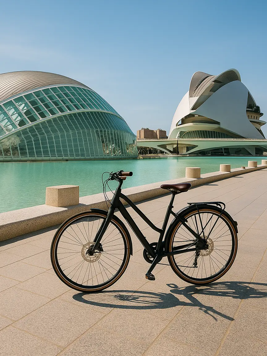 A bike stands near the futuristic City of Arts and Sciences in Valencia, with its modern architecture reflecting on water, part of things to do in Valencia in one day by bike.