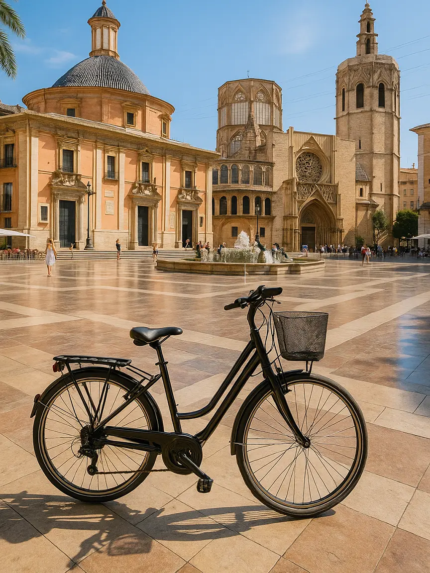 A bicycle rests in Valencia’s Plaza de la Virgen, with the Valencia Cathedral and Basilica in the background, capturing things to do in Valencia in one day by bike.