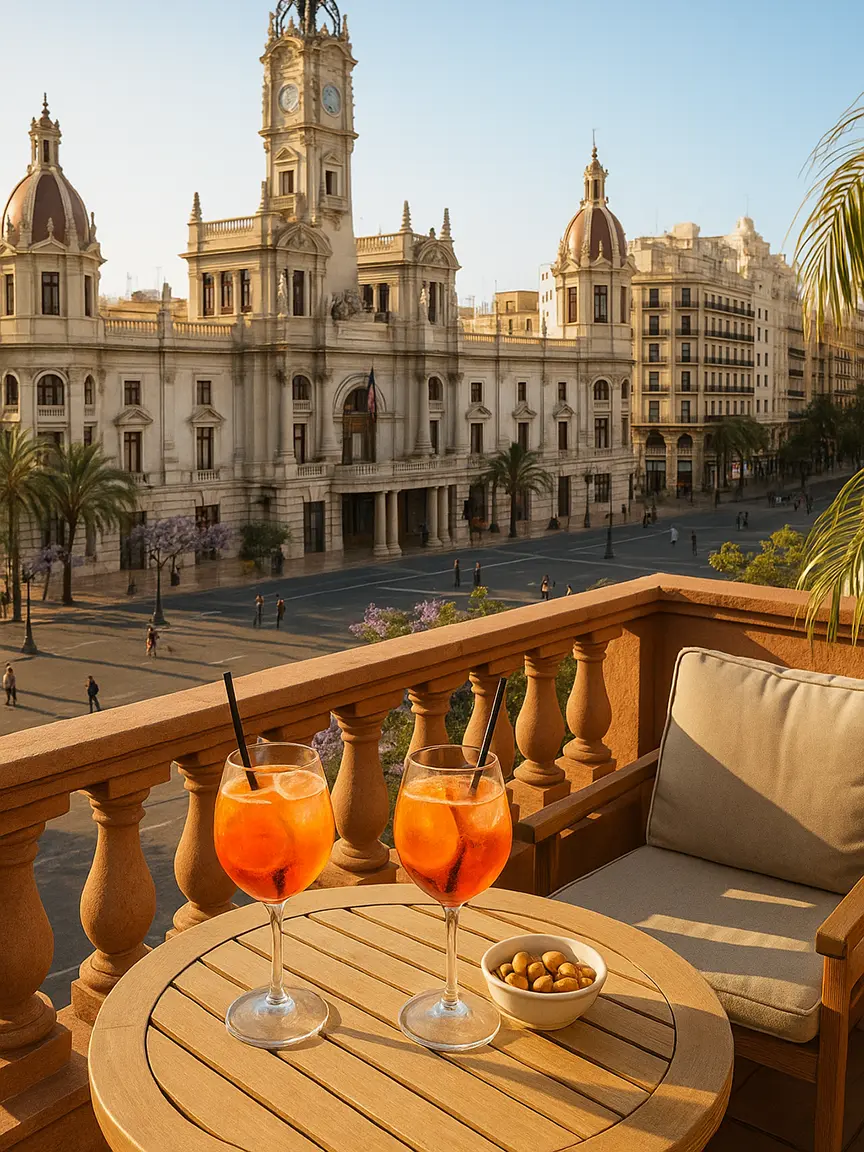 Two glasses of Aperol Spritz sit on a balcony overlooking Valencia’s Plaza del Ayuntamiento, a perfect relaxation spot during things to do in Valencia in one day by bike.