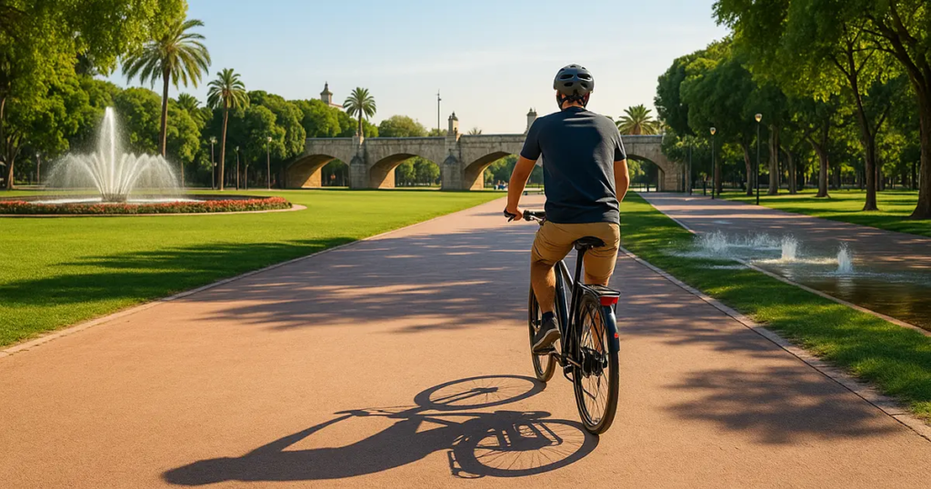 A cyclist rides on a scenic path in Valencia's Turia Gardens, passing a fountain and the historic Pont de les Flors bridge, showcasing things to do in Valencia in one day by bike.