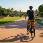 A cyclist rides on a scenic path in Valencia's Turia Gardens, passing a fountain and the historic Pont de les Flors bridge, showcasing things to do in Valencia in one day by bike.
