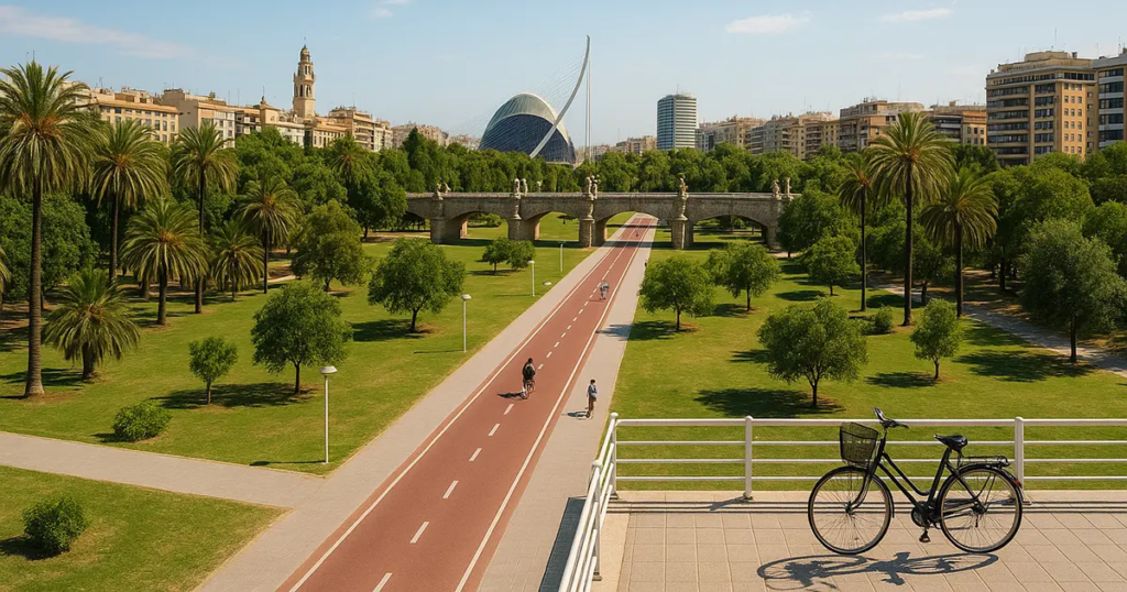 A dedicated bike lane in a lush park with a bicycle parked nearby, highlighting Valencia bike-friendly city’s urban cycling infrastructure.