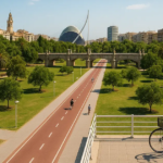 A dedicated bike lane in a lush park with a bicycle parked nearby, highlighting Valencia bike-friendly city’s urban cycling infrastructure.