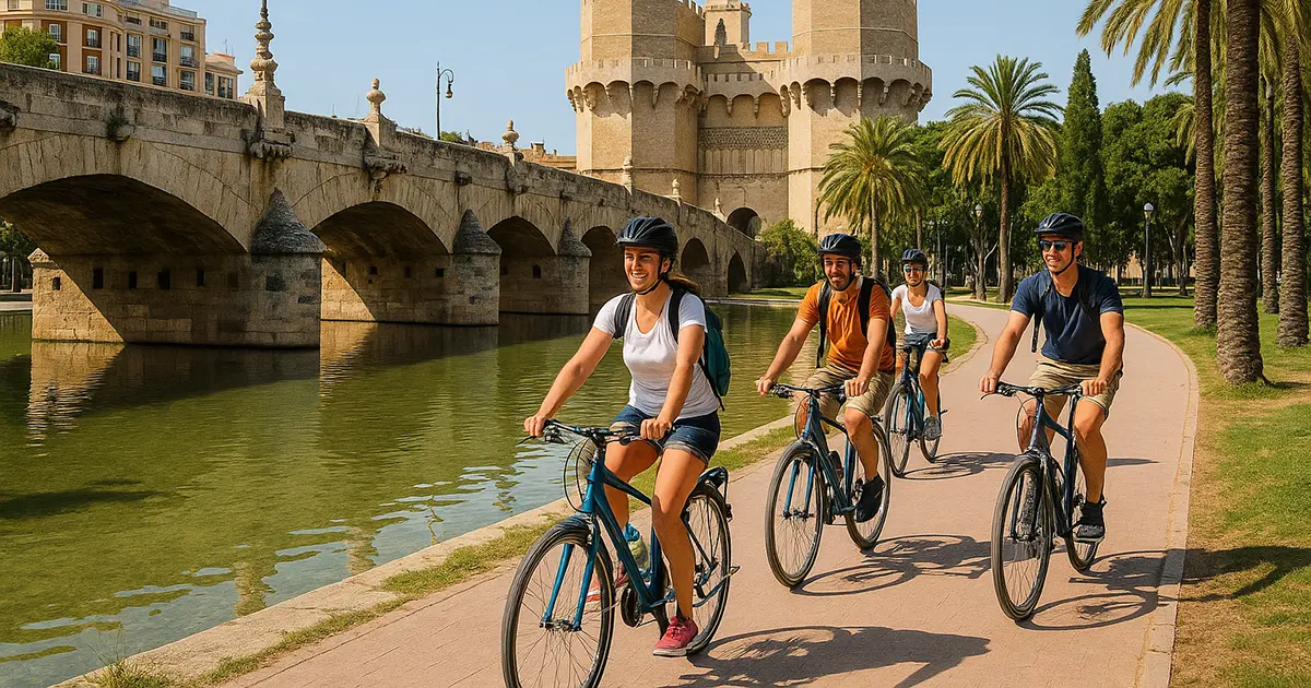 A group of people cycling along a path beside a canal with a historic bridge and tower in the background, sharing Valencia cycling tips.