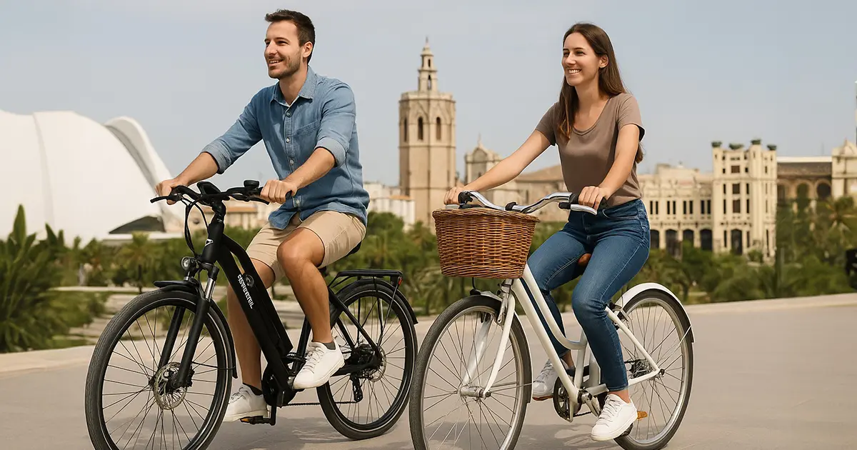 Two people riding bikes, a man on an electric bike and a woman on a classic bike with a basket, enjoying a sunny day with historic buildings and a tower in the background, perfect for Bike Tours.
