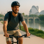A man riding a bike along a scenic path beside a canal with a modern building and bridge in the background, perfect for a Valencia morning bike tour.