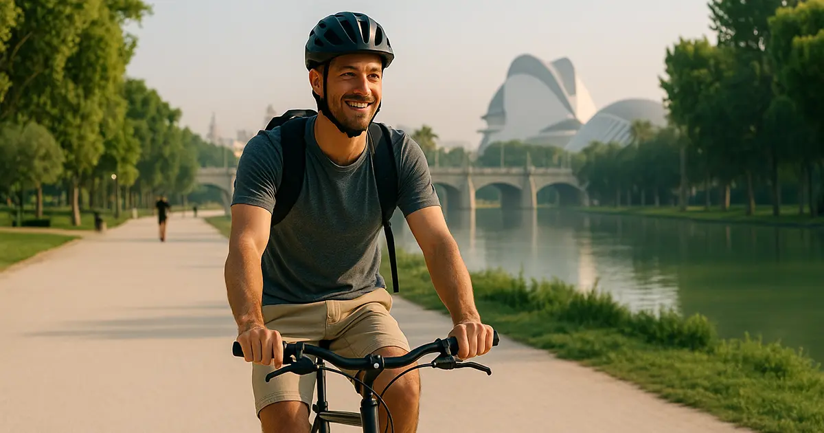 A man riding a bike along a scenic path beside a canal with a modern building and bridge in the background, perfect for a Valencia morning bike tour.