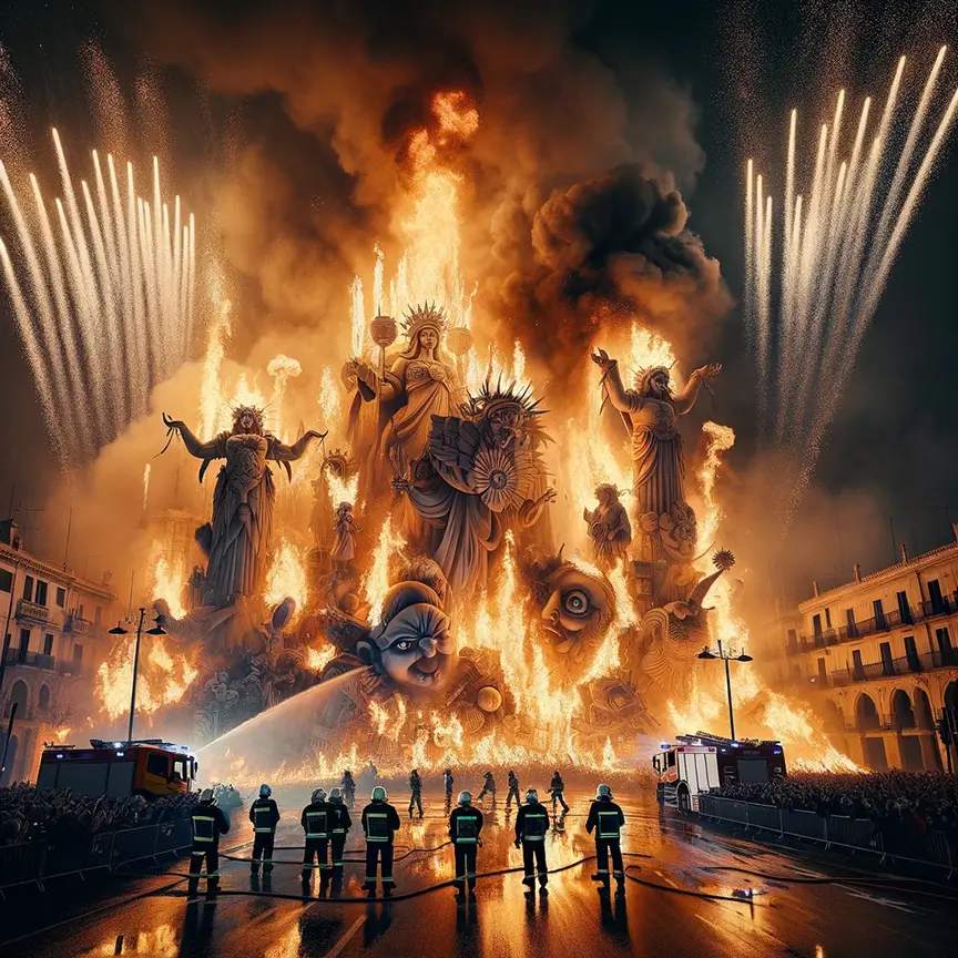 A dramatic moment at the Valencia Fallas Festival, where a towering wooden structure is engulfed in flames. Firefighters stand in the foreground as fireworks illuminate the night sky, and crowds gather to witness the traditional burning of the fallas in a city square.