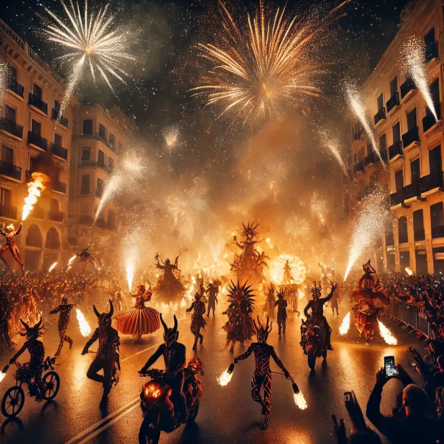 A vibrant night scene at the Valencia Fallas Festival, featuring costumed performers with horned masks and fiery props dancing in the streets. Fireworks light up the sky above historic buildings as crowds watch in awe, capturing the fiery spectacle on their phones.