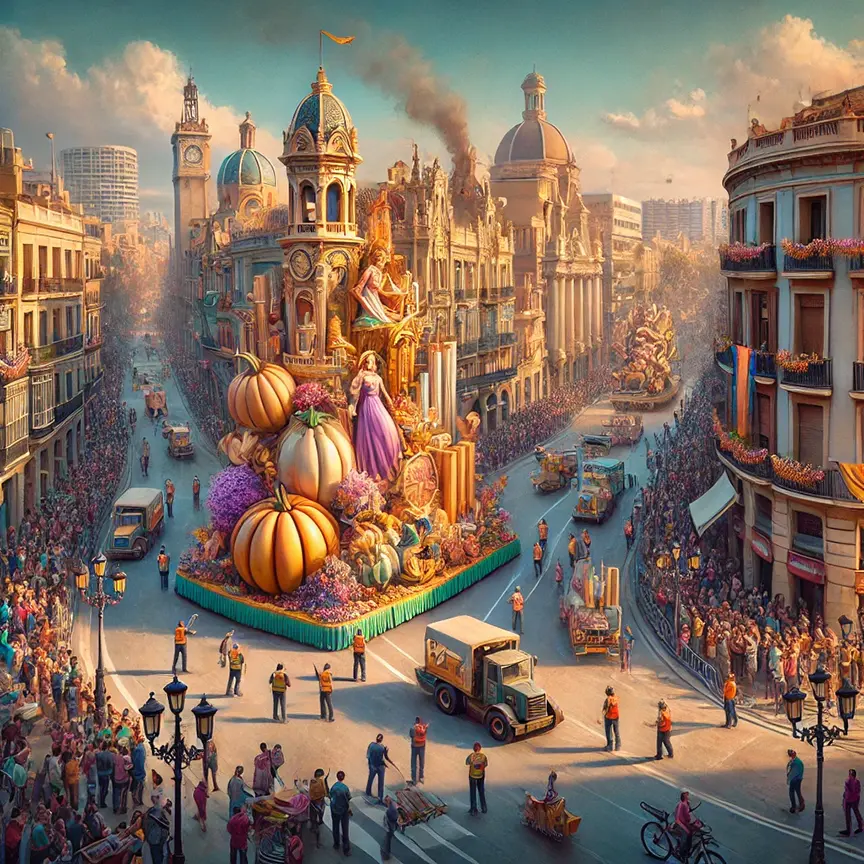 A colorful parade during the Valencia Fallas Festival, showcasing a large float adorned with giant pumpkins and floral decorations. Crowds line the streets of a historic city, cheering as the intricately designed float passes by, with ornate buildings and a clock tower in the background.