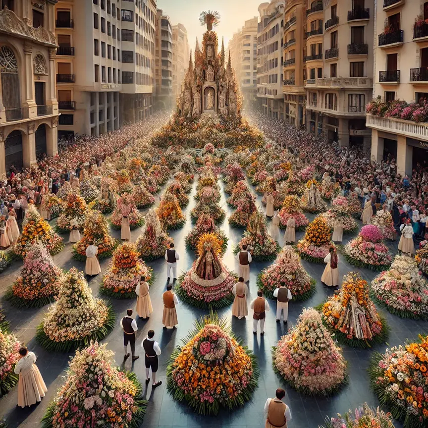 A serene scene from the Valencia Fallas Festival, depicting the Offering of Flowers. Participants in traditional attire present vibrant floral arrangements to a large statue of the Virgin Mary, surrounded by intricate flower displays in a historic city plaza, with ornate buildings lining the background.