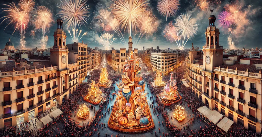 A serene scene from the Valencia Fallas Festival, depicting the Offering of Flowers. Participants in traditional attire present vibrant floral arrangements to a large statue of the Virgin Mary, surrounded by intricate flower displays in a historic city plaza, with ornate buildings lining the background.