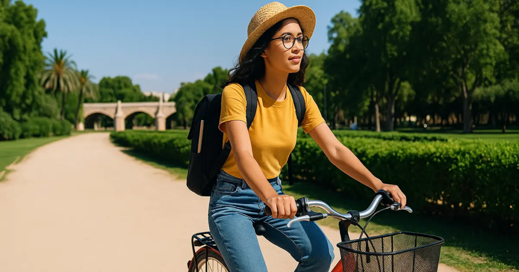 A young woman in a straw hat and yellow top riding a bike along a tree-lined path near a historic stone arch bridge in a sunny park, perfect for Valencia for Digital Nomads.