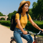 A young woman in a straw hat and yellow top riding a bike along a tree-lined path near a historic stone arch bridge in a sunny park, perfect for Valencia for Digital Nomads.