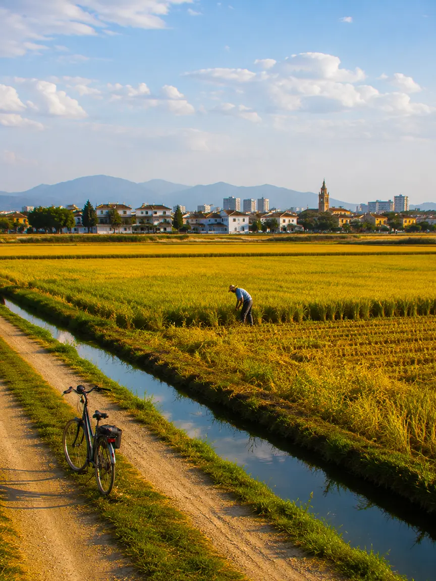 Bicycle parked beside a dirt path and irrigation canal next to golden rice fields in the Albufera area near Valencia in September, with a worker tending the crops and the city skyline beyond.