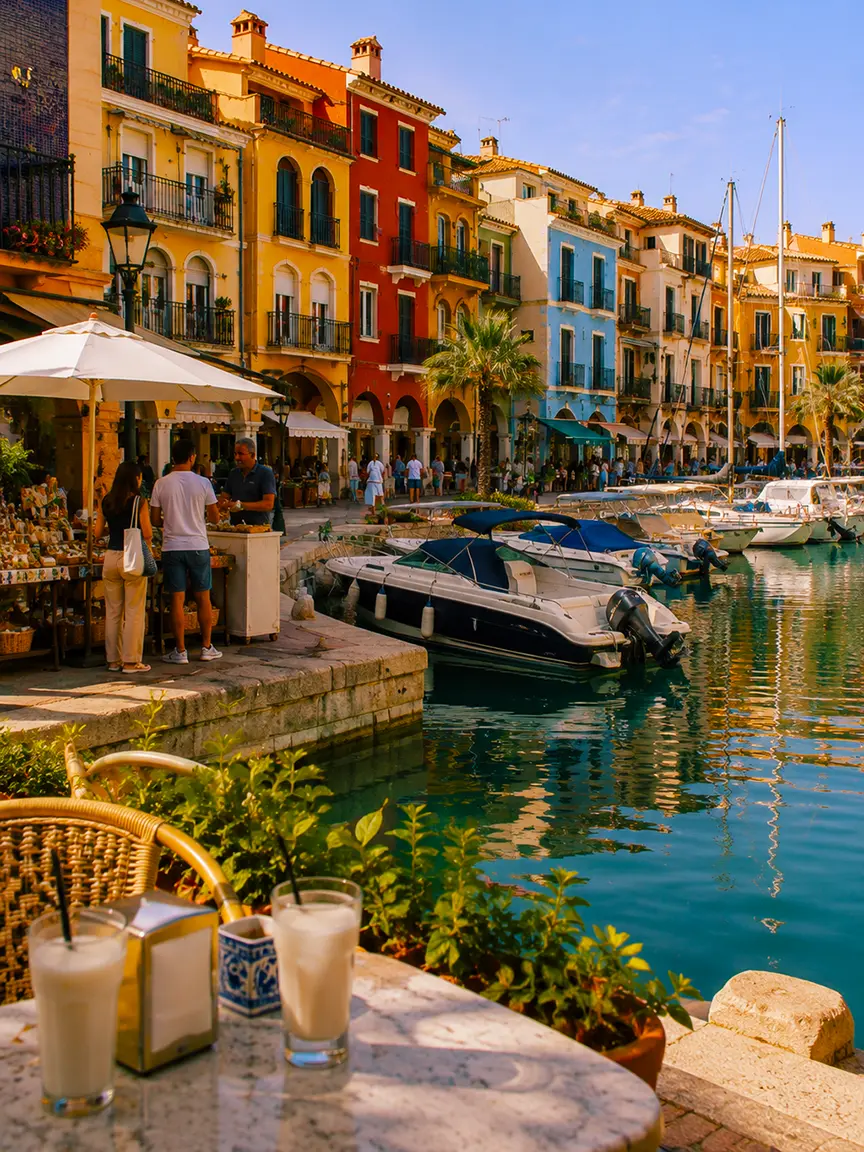 Colorful waterfront buildings and moored boats along a canal in Valencia in September, viewed from an outdoor café table with glasses of horchata in the foreground.