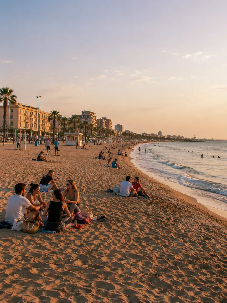 People relaxing on the sand at a Valencia beach in September during golden-hour light, with the sea, palm trees, and coastal buildings stretching into the distance.