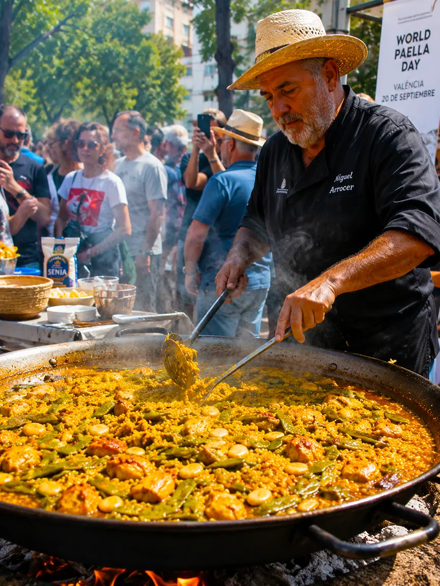 Chef stirring a large traditional paella over an open fire at a World Paella Day event in Valencia in September, surrounded by onlookers.