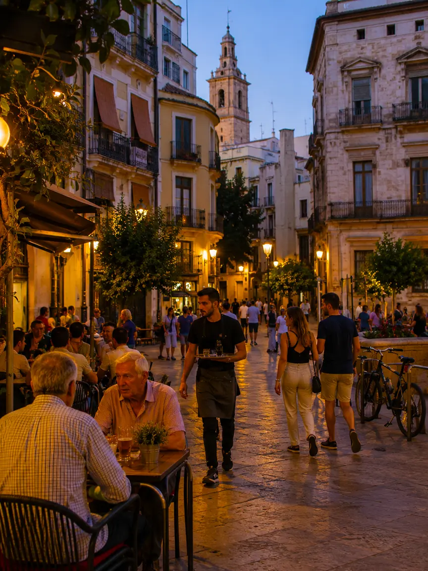Lively evening street scene in Valencia’s old town in September, with outdoor diners, a waiter serving tables, and the illuminated cathedral tower in the background.