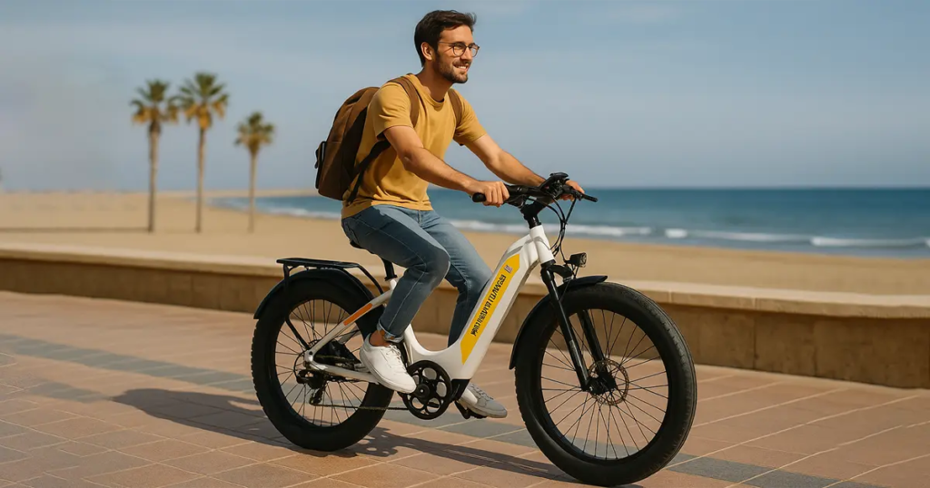 A man rides a Renting a bike in Spain along a scenic coastal path with palm trees and the sea in the background.