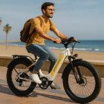 A man rides a Renting a bike in Spain along a scenic coastal path with palm trees and the sea in the background.